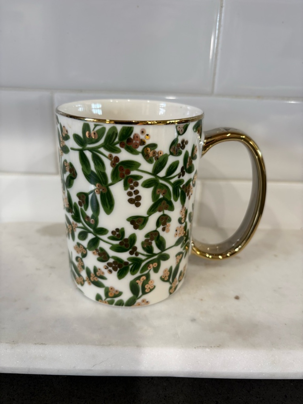 Anthropologie Rifle Co Gold-Handle White Ceramic Mug Green Mistletoe Pattern